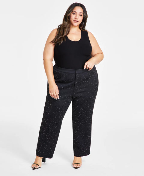 Nina Parker Women's Black Trendy Plus Size Studded Scuba Straight-Leg Pants | Nina Parker In Lebanon
