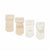 Four pairs of baby socks in soft cream and white tones, arranged in a row on a plain white background. The socks show different knit textures and cuff styles.