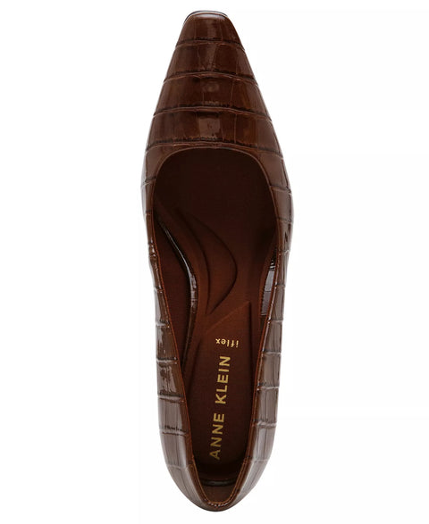 Brown pointed-toe shoe with 'Anne Klein' branding on a white background
