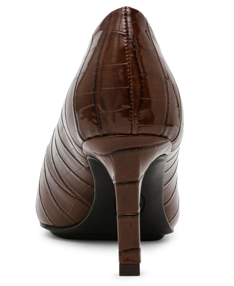 Brown high-heeled shoe on a white background