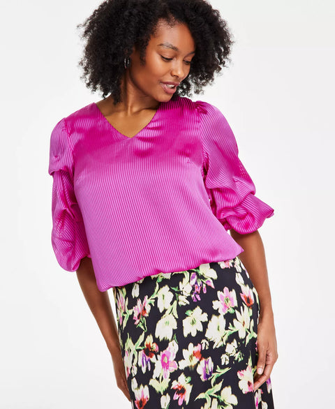 Vince Camuto Women's Fuchsia V-Neck Bubble-Sleeve Top | Vince Camuto In Lebanon
