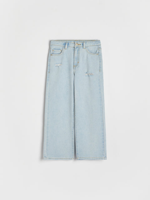 Light blue denim skirt on a white background