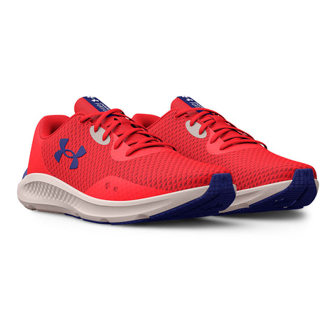 Red running shoes with blue accents on a white background