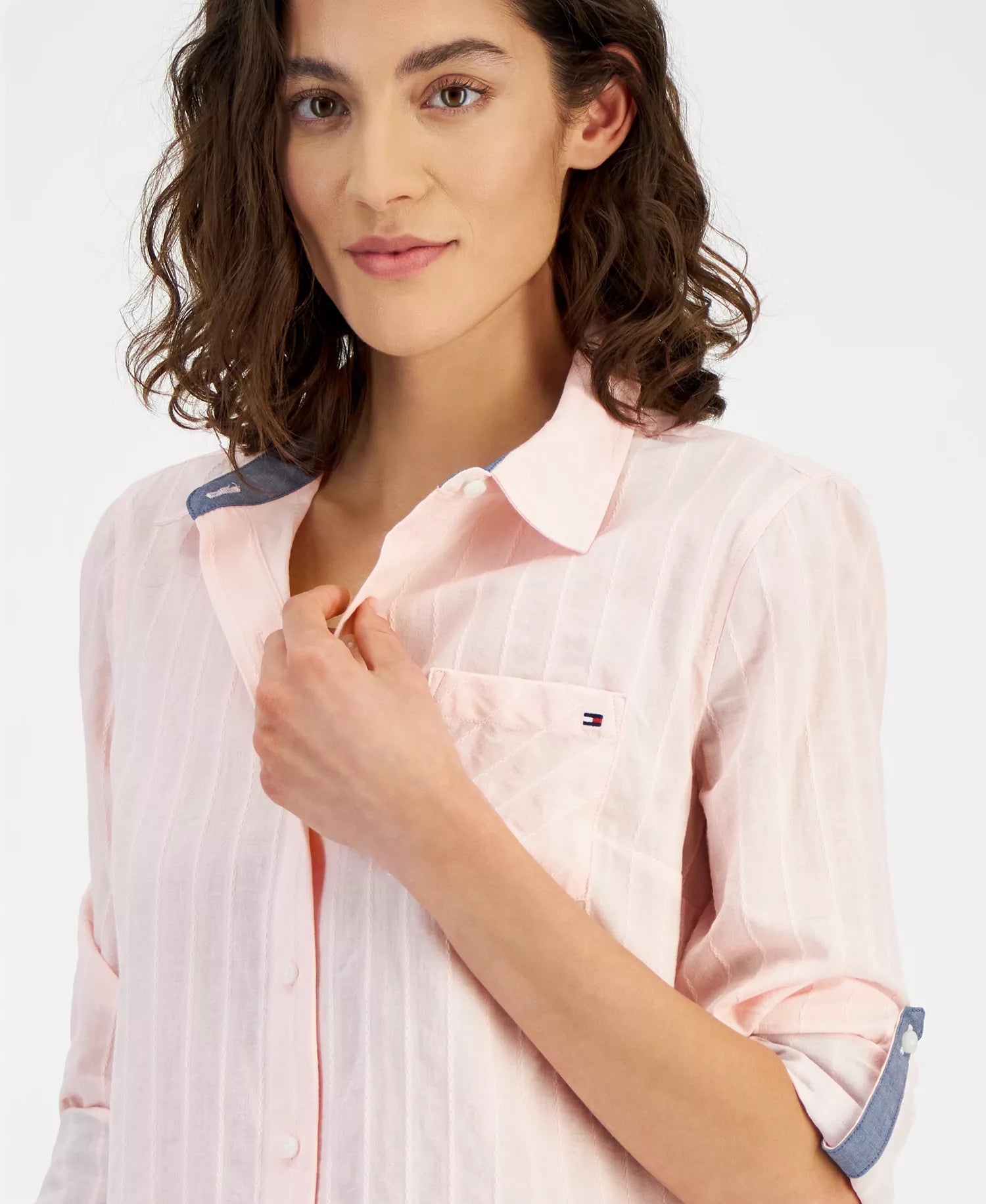 Tommy Hilfiger Women's Pink Singy Dobby Roll-Tab Cotton Shirt |Tommy Hilfiger In Lebanon