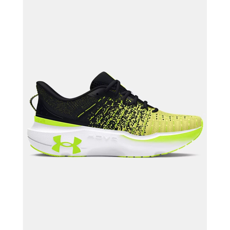 A single Under Armour running shoe shown in profile against a light gray background. The shoe features a black and neon yellow-green knit upper, a white midsole with a neon yellow-green logo, and a black heel.