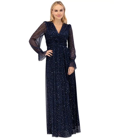 Eliza J Women's Navy Twist-Front Pleated Metallic Knit Gown Dress | Eliza J In Lebanon