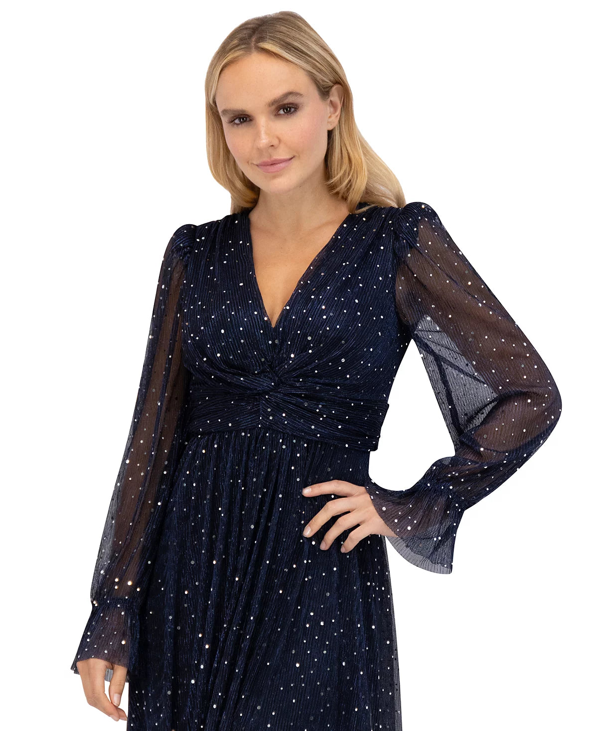 Eliza J Women's Navy Twist-Front Pleated Metallic Knit Gown Dress | Eliza J In Lebanon