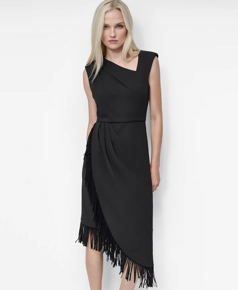 DKNY Women's Black Asymmetrical Fringe-Hem Cocktail Dress | DKNY In Lebanon