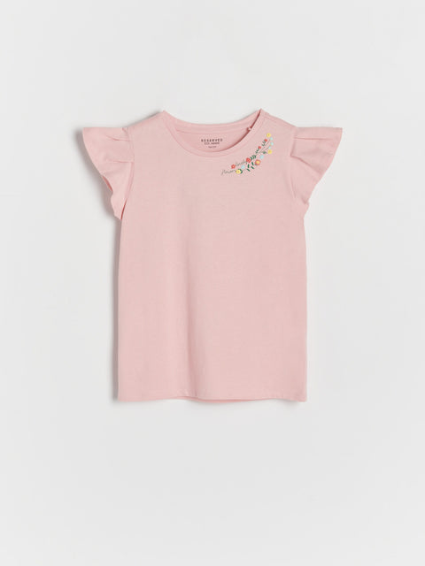 Pink t-shirt with floral design on a white background