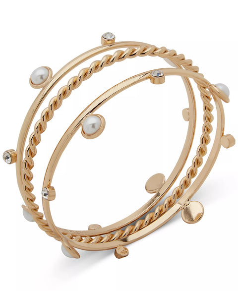 Anne Klein Woman's Gold-Tone 3-Pc. Set Imitation Pearl & Crystal Stacking Bracelets | Anne Klein In Lebanon