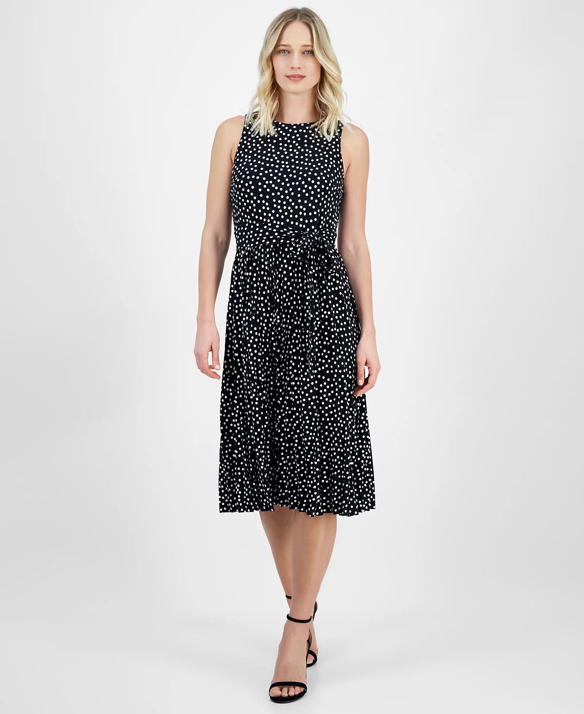Anne Klein Women's Black Dot-Print Tie-Front Pleated Sleeveless Midi Dress | Anne Klein In Lebanon