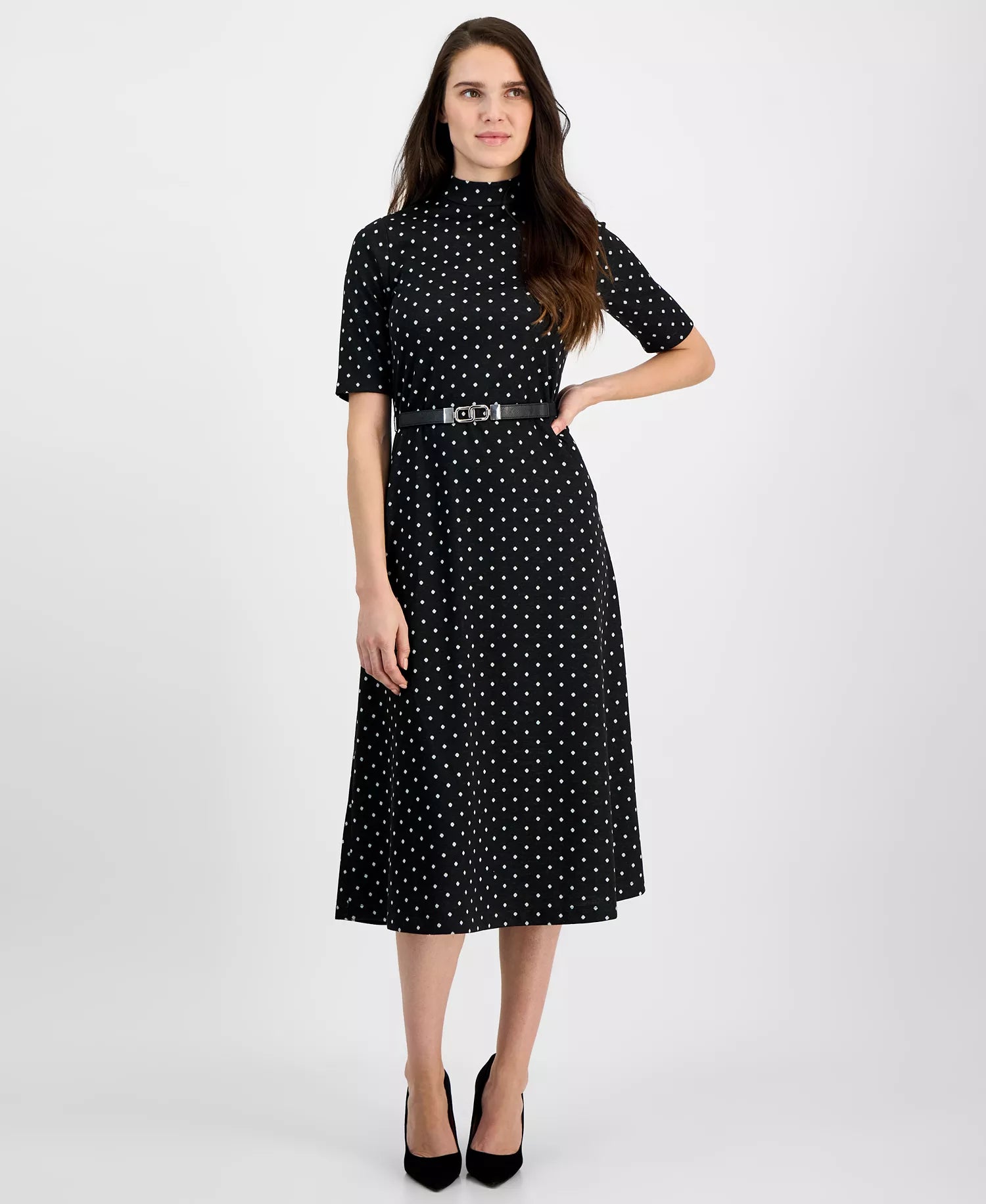 Anne Klein Women's Black & White Polka-Dot Mock-Neck Elbow-Sleeve Belted Midi Dress