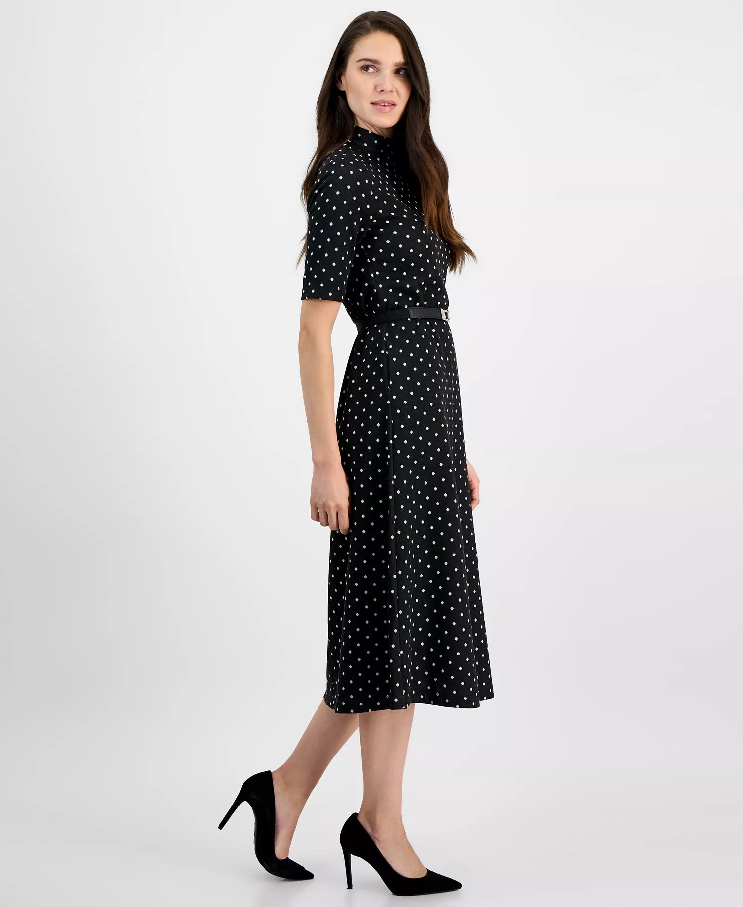 Anne Klein Women's Black & White Polka-Dot Mock-Neck Elbow-Sleeve Belted Midi Dress