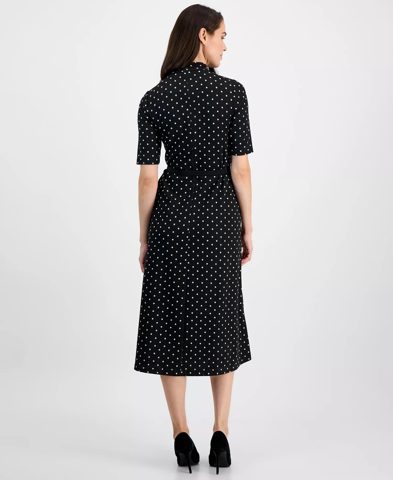 Anne Klein Women's Black & White Polka-Dot Mock-Neck Elbow-Sleeve Belted Midi Dress