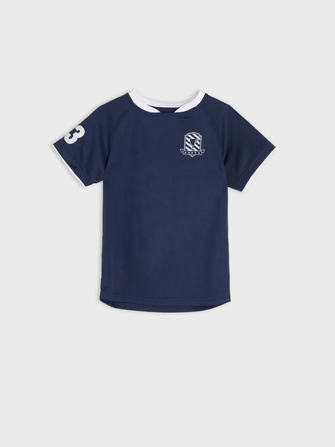 Navy blue t-shirt with white logo on a light gray background