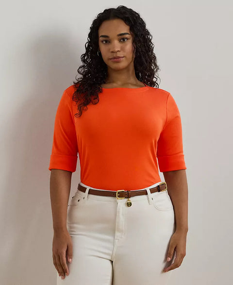 Lauren Ralph Lauren Women's Orange Plus Size Cotton-Blend Boatneck Blouse | Lauren Ralph Lauren In Lebanon