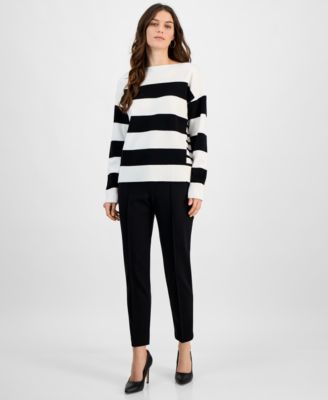 T Tahari Women's White & Black Mixed-Stripe Boat-Neck Long-Sleeve Sweater | T Tahari In Lebanon