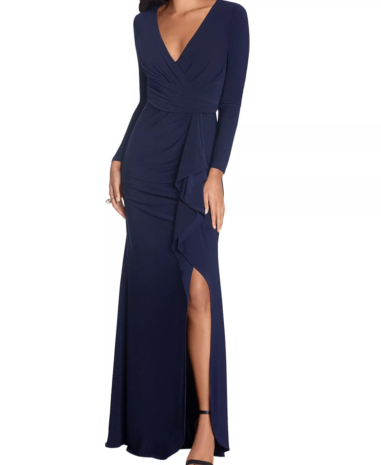Betsy & Adam Women’s Navy Long Sleeve Ruffle  Gown Dress | Betsy & Adam in Lebanon