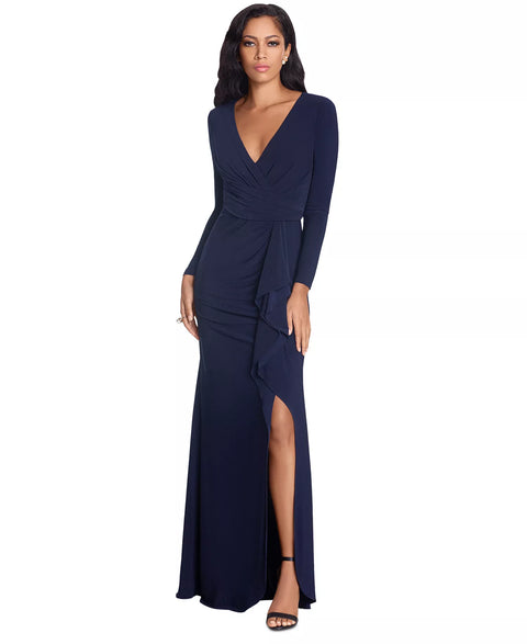 Betsy & Adam Women’s Navy Long Sleeve Ruffle  Gown Dress | Betsy & Adam in Lebanon
