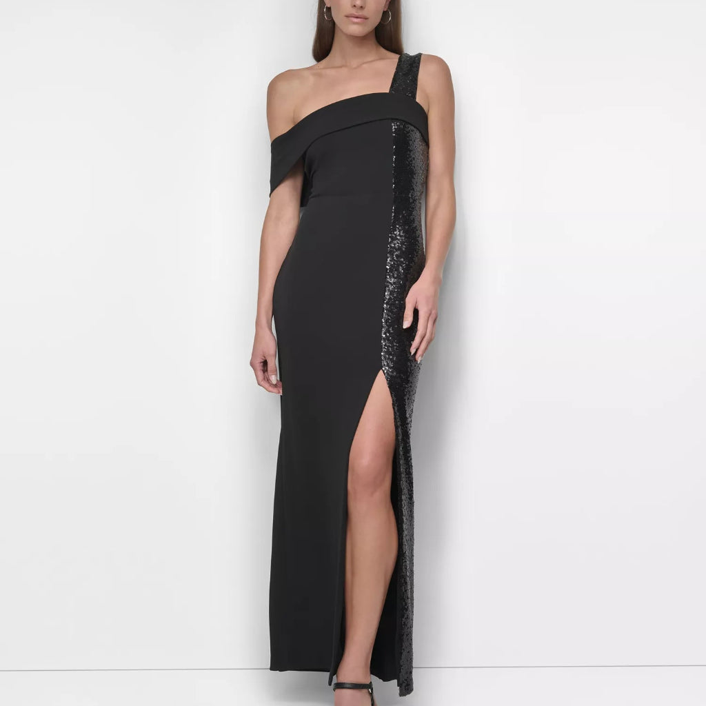 DKNY Women's Black One-Shoulder Sequin-Strip Gown Dress