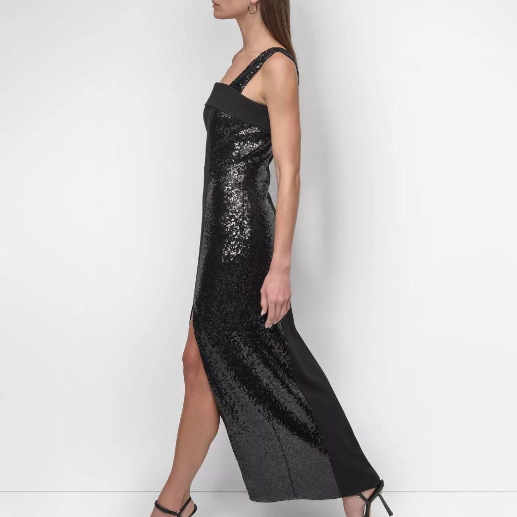 DKNY Women's Black One-Shoulder Sequin-Strip Gown Dress