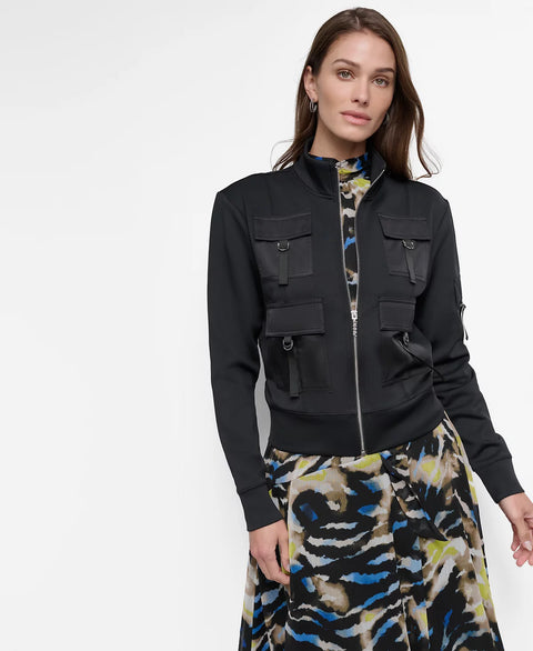 DKNY Women's Black Stand-Collar Satin-Cargo-Pocket Scuba Jacket | DKNY In Lebanon