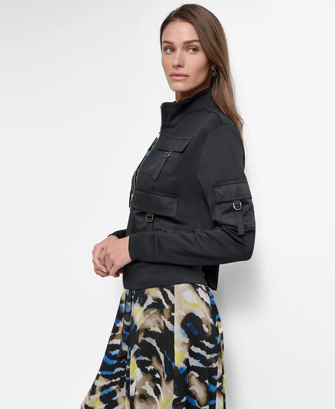 DKNY Women's Black Stand-Collar Satin-Cargo-Pocket Scuba Jacket | DKNY In Lebanon
