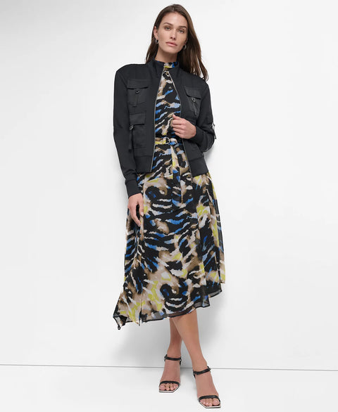 DKNY Women's Black Stand-Collar Satin-Cargo-Pocket Scuba Jacket | DKNY In Lebanon