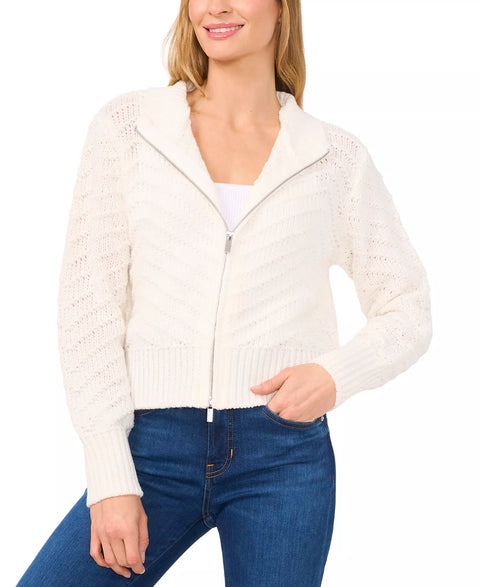 CeCe Women's White Textured Zip-Up Cardigan | CeCe In Lebanon