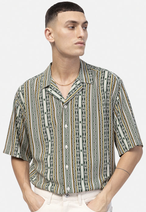 Rebel Men's Green & White Striped Geometric Short-Sleeve Shirt | Rebel in Lebanon
