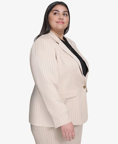 DKNY Women's Beige Plus Size Pinstriped One-Button Blazer | DKNY In Lebanon