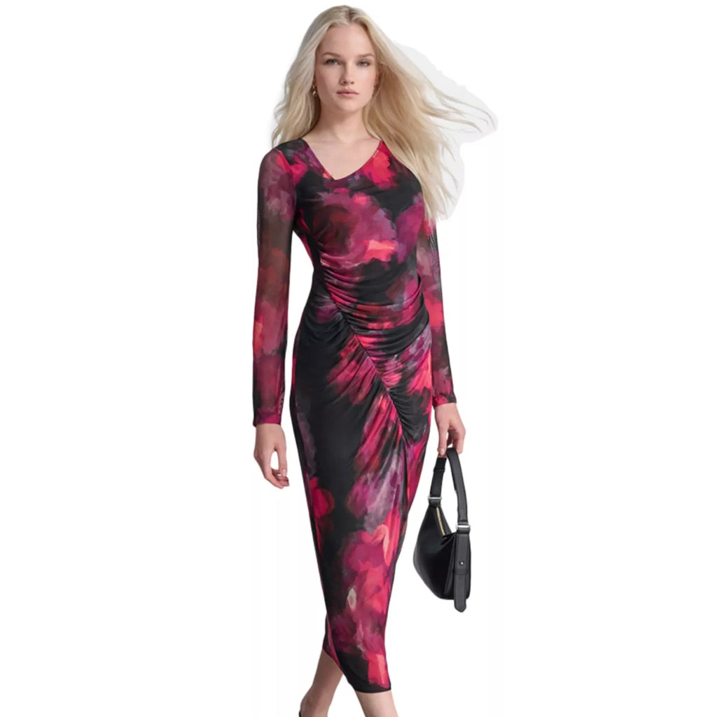 DKNY Women's Multicolor Asymmetric Ruched Printed-Mesh Dress