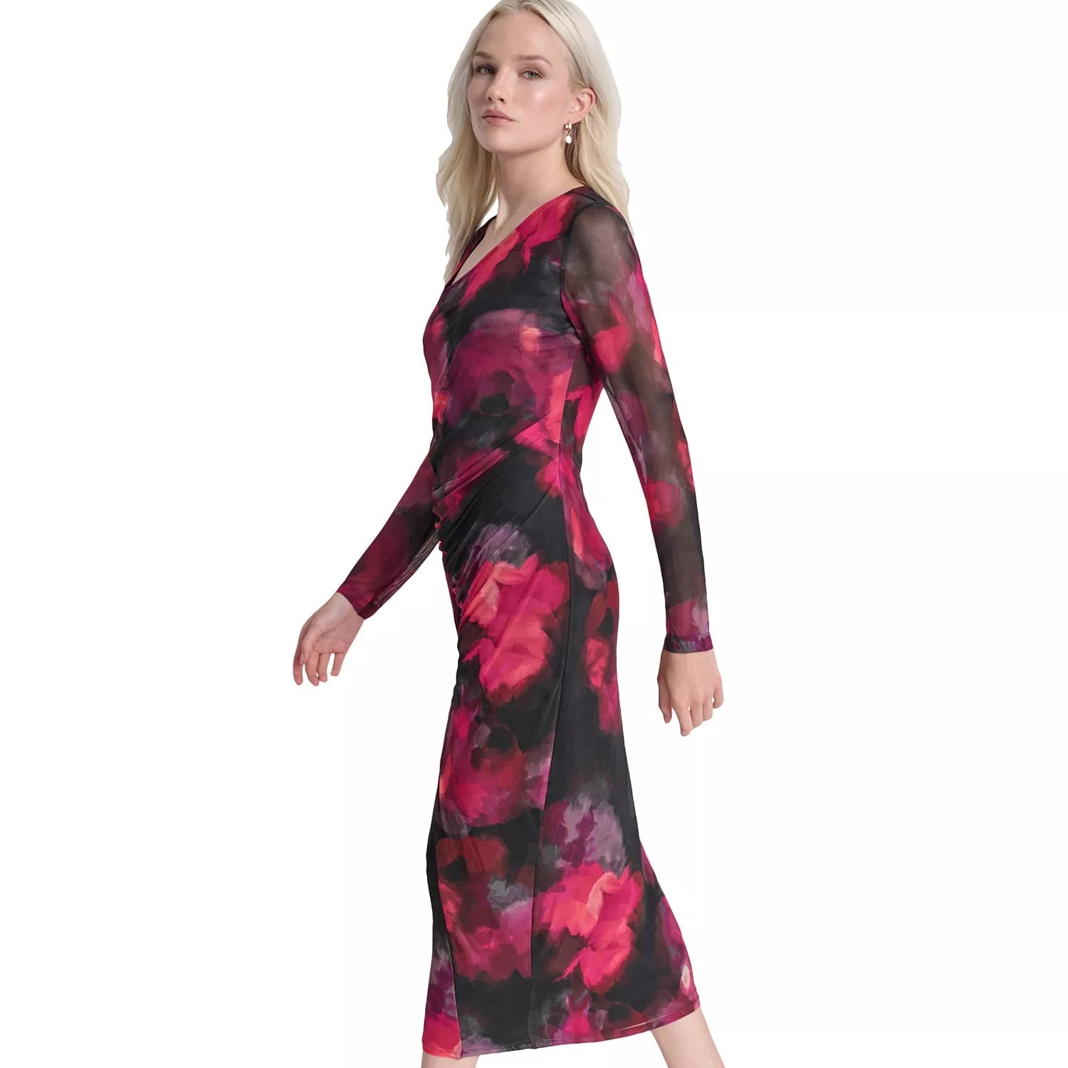 DKNY Women's Multicolor Asymmetric Ruched Printed-Mesh Dress
