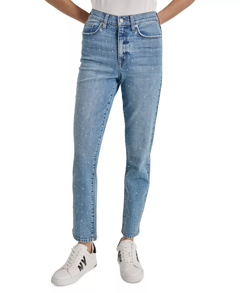 DKNY Jeans Women's Blue High-Rise Slim Straight Scattered Rhine-Studs Jeans|DKNY Jeans In Lebanon