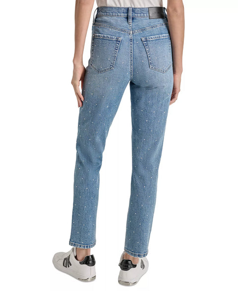 DKNY Jeans Women's Blue High-Rise Slim Straight Scattered Rhine-Studs Jeans|DKNY Jeans In Lebanon