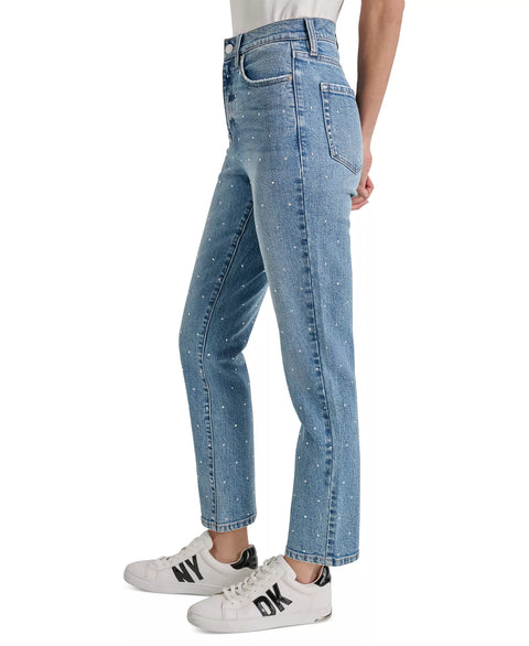 DKNY Jeans Women's Blue High-Rise Slim Straight Scattered Rhine-Studs Jeans|DKNY Jeans In Lebanon