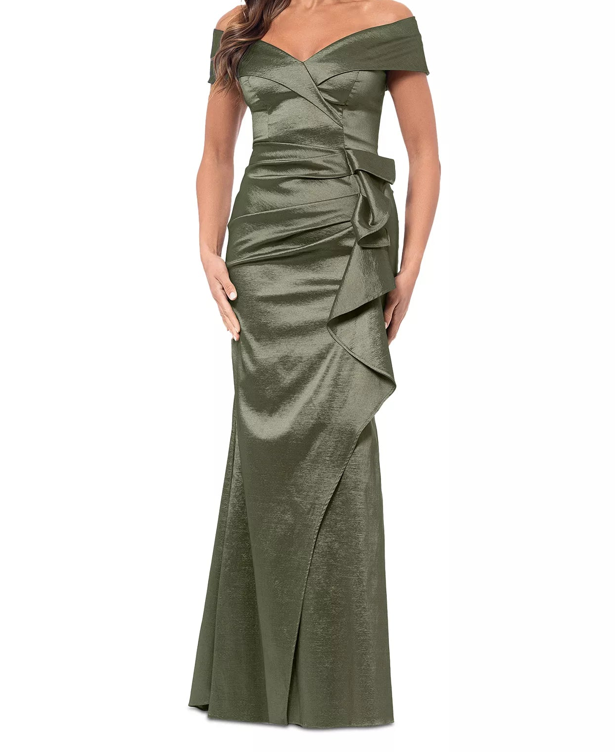 Xscape Women’s Olive Green Off-The-Shoulder Ruched Satin Dress | Xscape in Lebanon