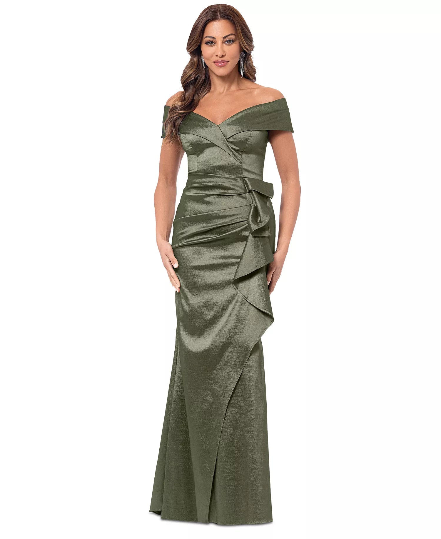 Xscape Women’s Olive Green Off-The-Shoulder Ruched Satin Dress | Xscape in Lebanon