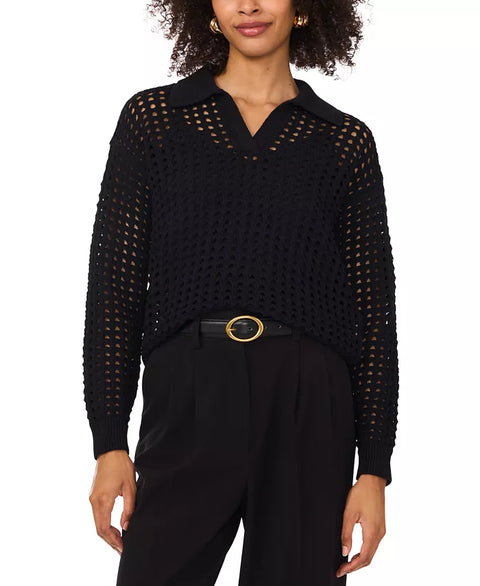 Vince Camuto Women's Black Mesh Stitch Johnny-Collar Sweater|Vince Camuto In Lebanon
