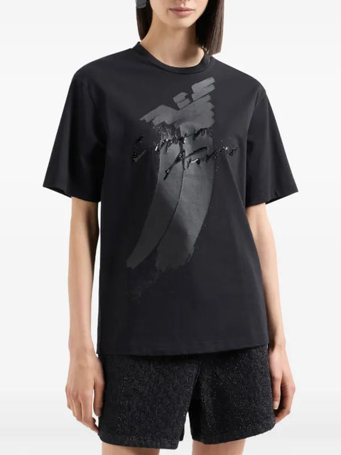 Emporio Armani Women's Black Eagle Logo Sequin-Embellished T-Shirt | Emporio Armani In Lebanon