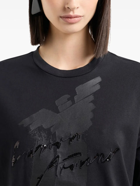Emporio Armani Women's Black Eagle Logo Sequin-Embellished T-Shirt | Emporio Armani In Lebanon
