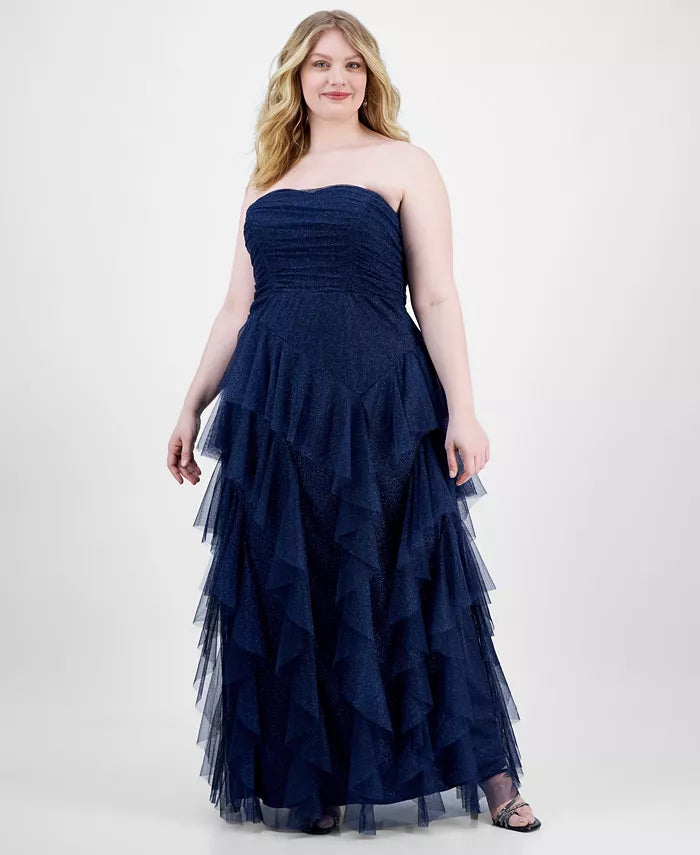 Pear Culture Women's Navy Plus Size Sparkle Strapless Ruffle-Tiered Dress | Pear Culture In Lebanon