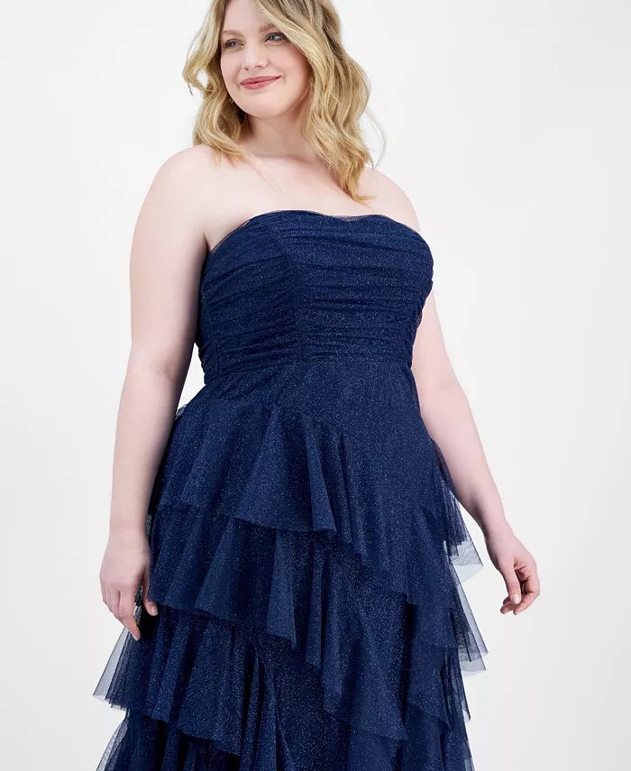 Pear Culture Women's Navy Plus Size Sparkle Strapless Ruffle-Tiered Dress | Pear Culture In Lebanon