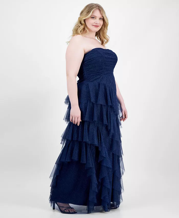 Pear Culture Women's Navy Plus Size Sparkle Strapless Ruffle-Tiered Dress | Pear Culture In Lebanon