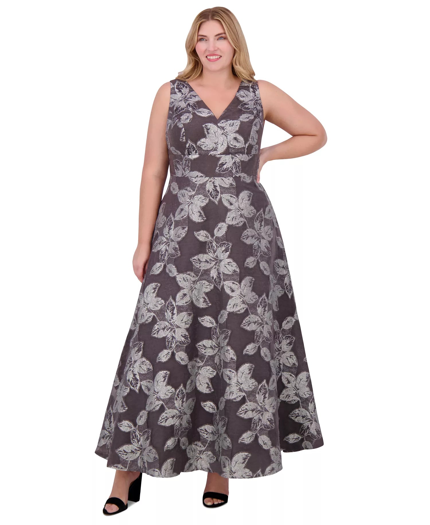Eliza J Women's Black & Silver Plus Size Metallic-Threaded Floral-Print Ball Gown Dress | Eliza J In Lebanon