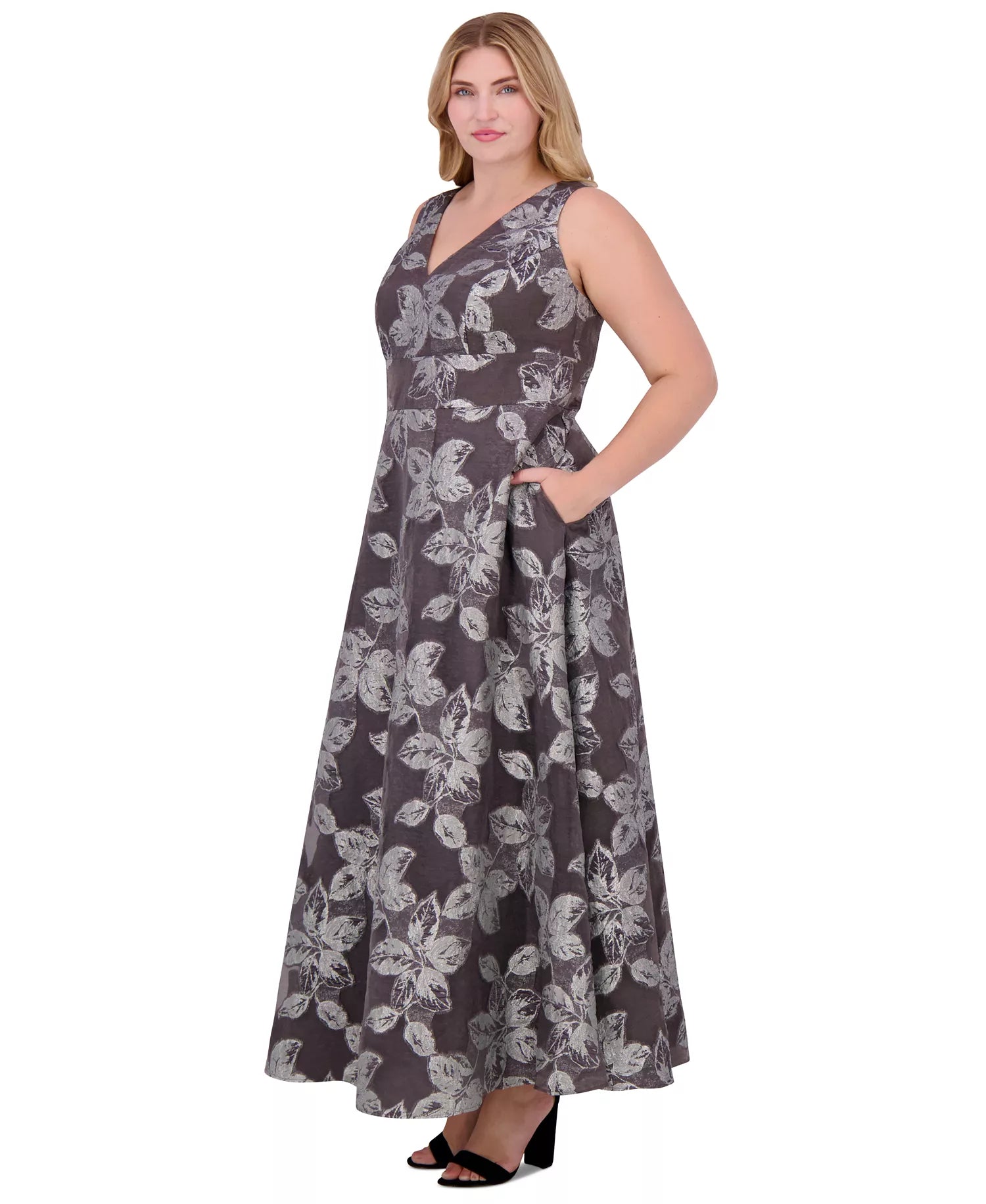 Eliza J Women's Black & Silver Plus Size Metallic-Threaded Floral-Print Ball Gown Dress | Eliza J In Lebanon