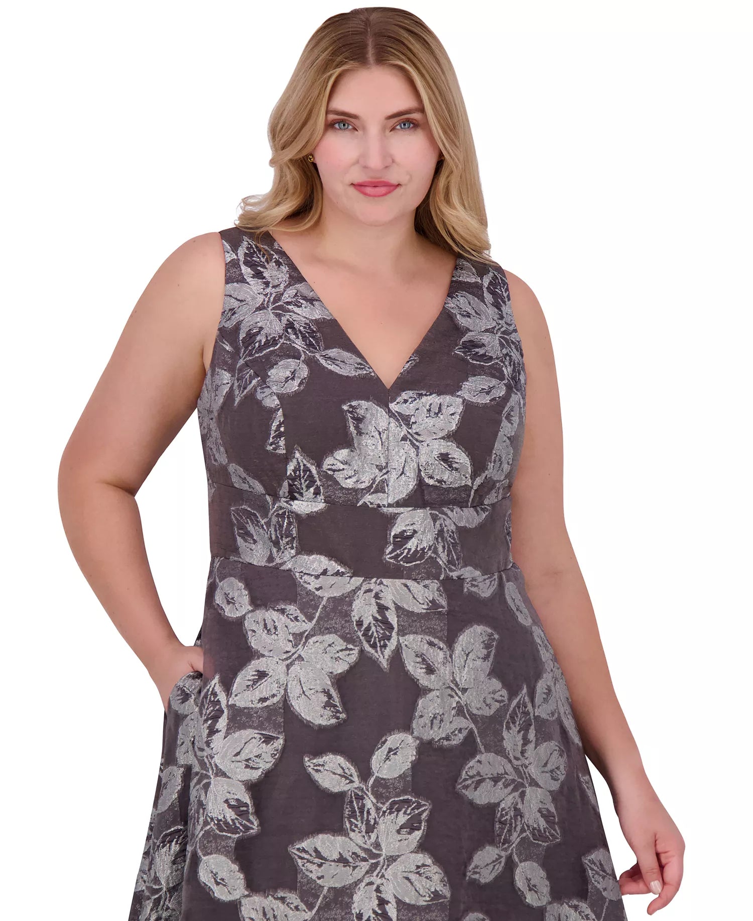 Eliza J Women's Black & Silver Plus Size Metallic-Threaded Floral-Print Ball Gown Dress | Eliza J In Lebanon