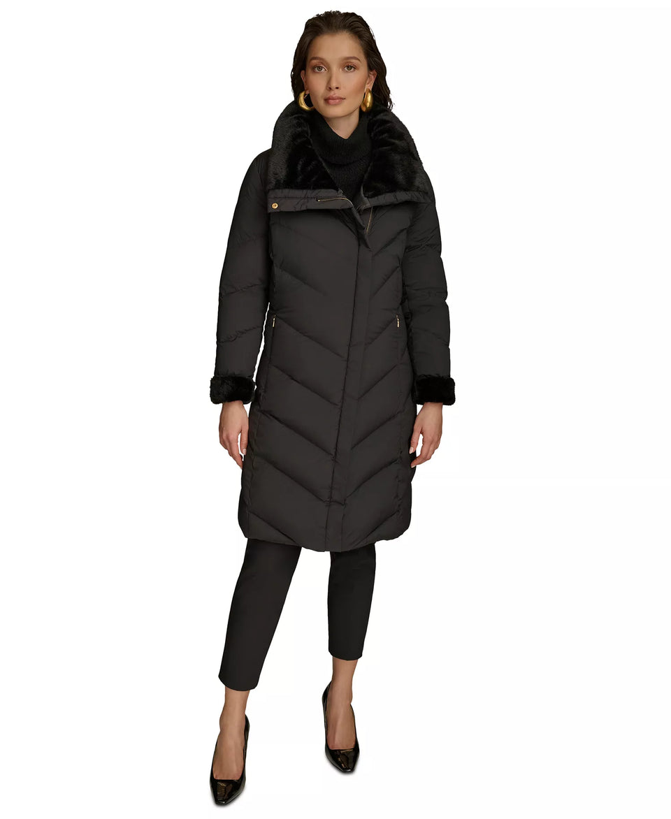 Donna Karan New York Women's Black Faux-Fur-Trim Puffer Coat|Donna Karan New York In Lebanon
