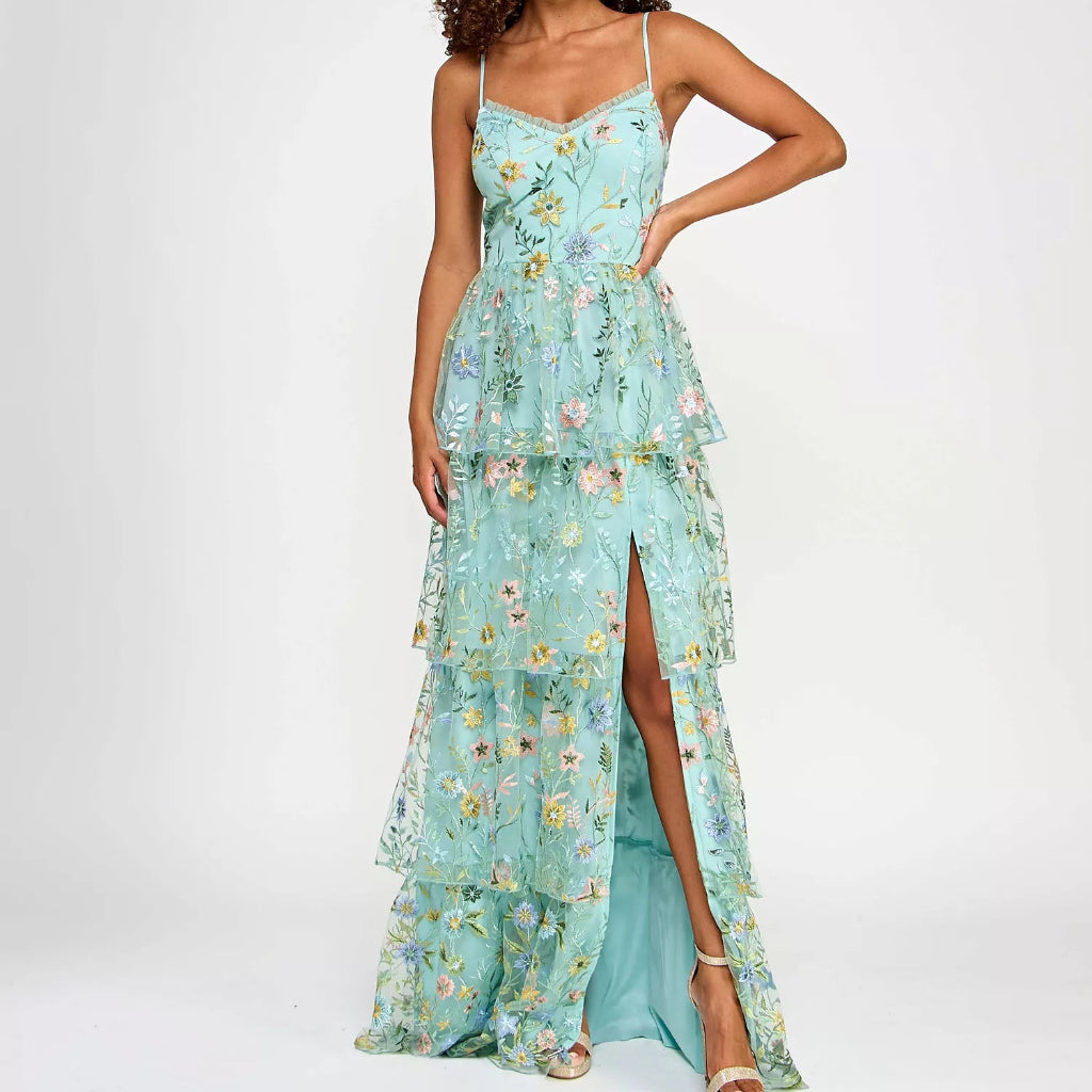 City Studios Women's Mint Green Floral Ruffled Embroidered Tiered Gown Dress