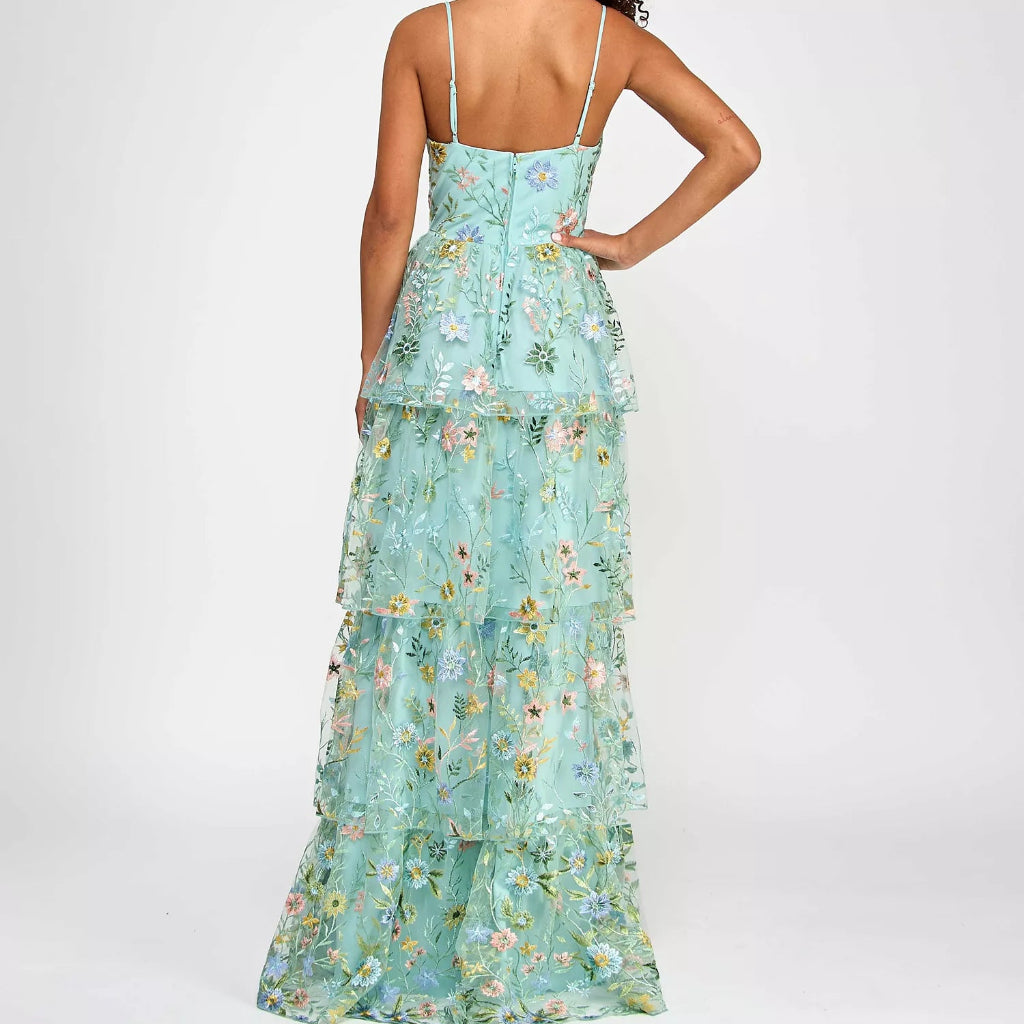 City Studios Women's Mint Green Floral Ruffled Embroidered Tiered Gown Dress